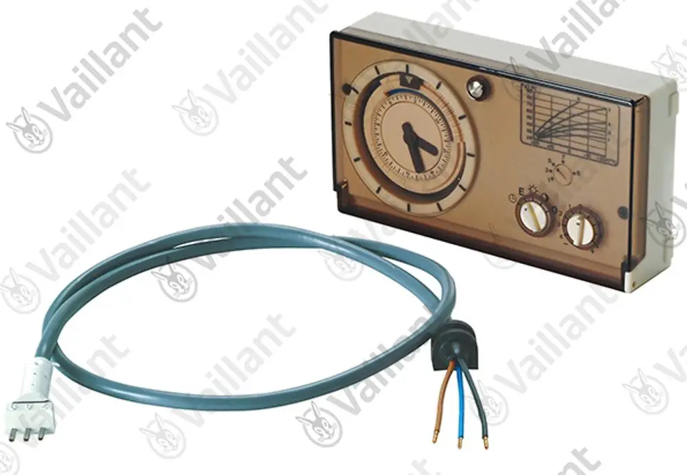 Vaillant elektronischer Regler mit Uhr, zwei Einstellknöpfen und Kabelanschluss, auf einer beige Hintergrundplatte.
